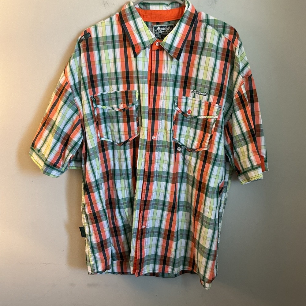 Akademiks Shirt Mens 2XL Multicolored Plaid Short Sleeve Button Up Y2K Hip Hop